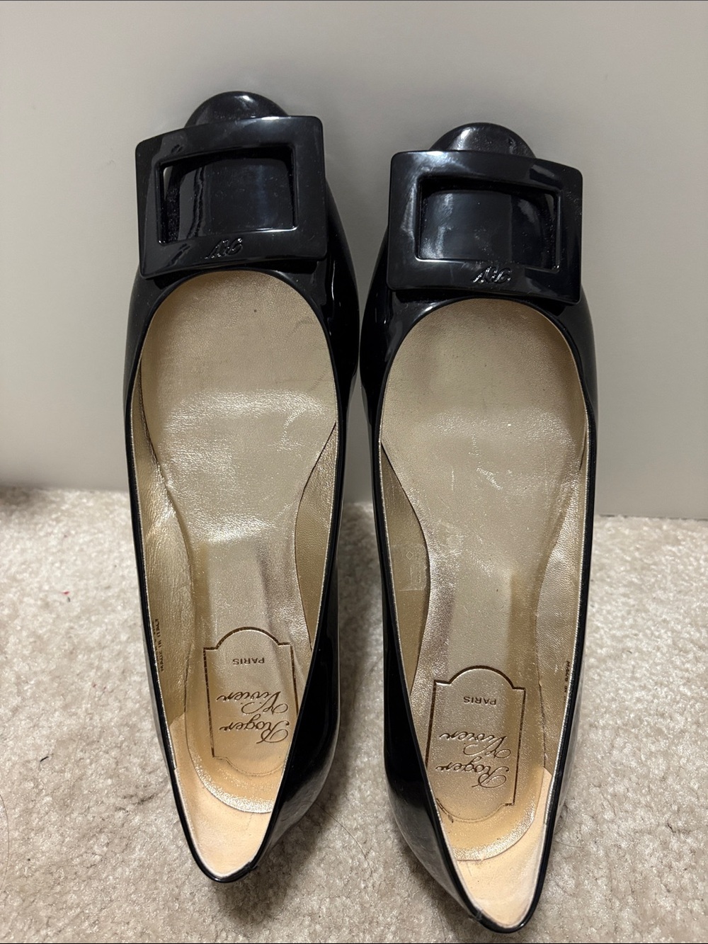 Roger Vivier Black Patent Square-Buckle Pointed Toe Flats